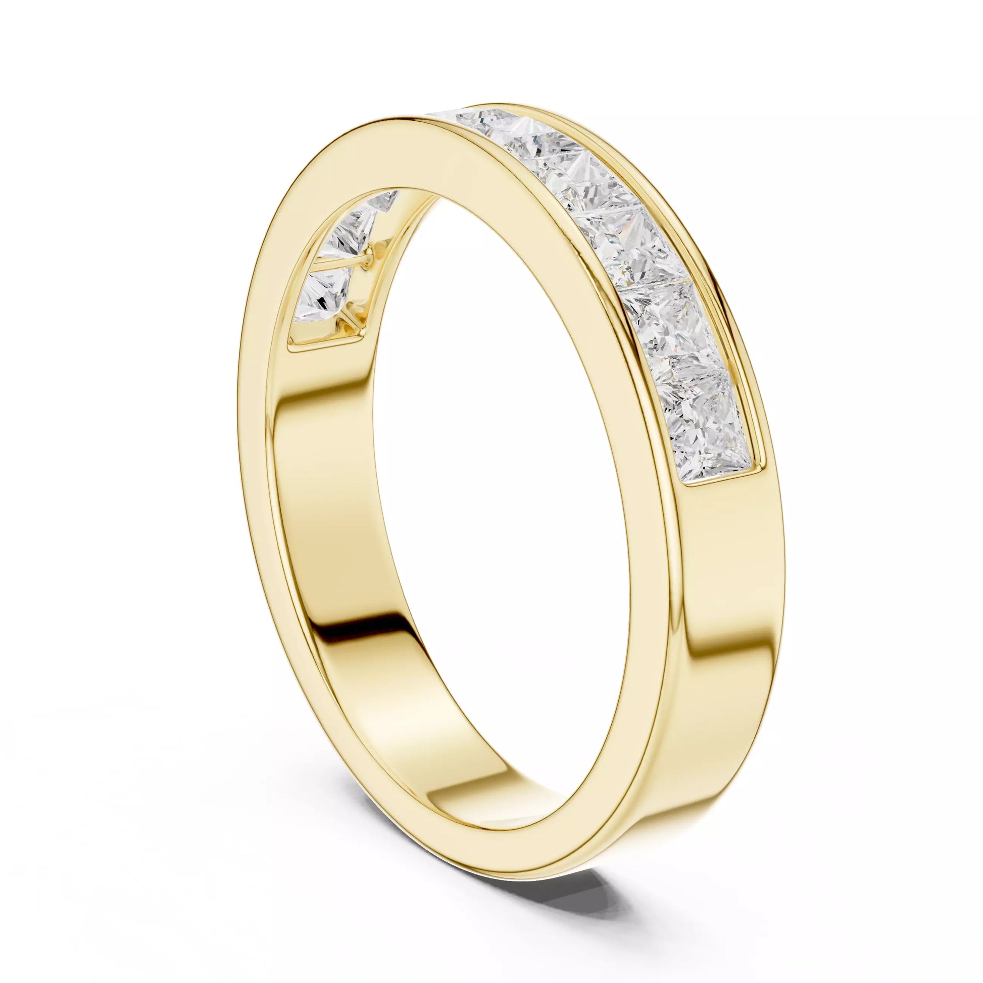Princess-cut lab-grown diamond wedding band, D–F color VVS to VS+ diamonds in high-polish yellow gold #YELLOW GOLD