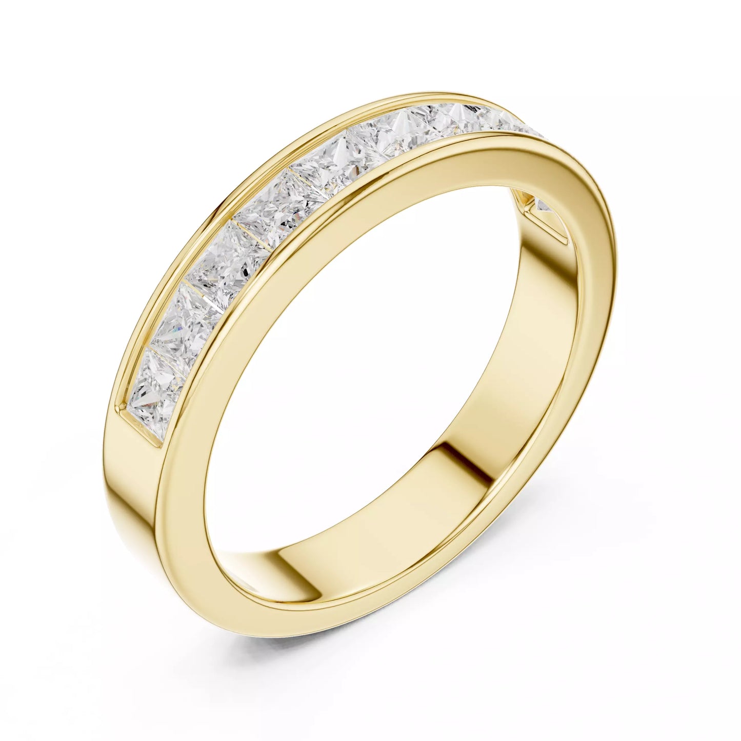 Princess-cut lab-grown diamond wedding band, D–F color VVS to VS+ diamonds in high-polish yellow gold #YELLOW GOLD