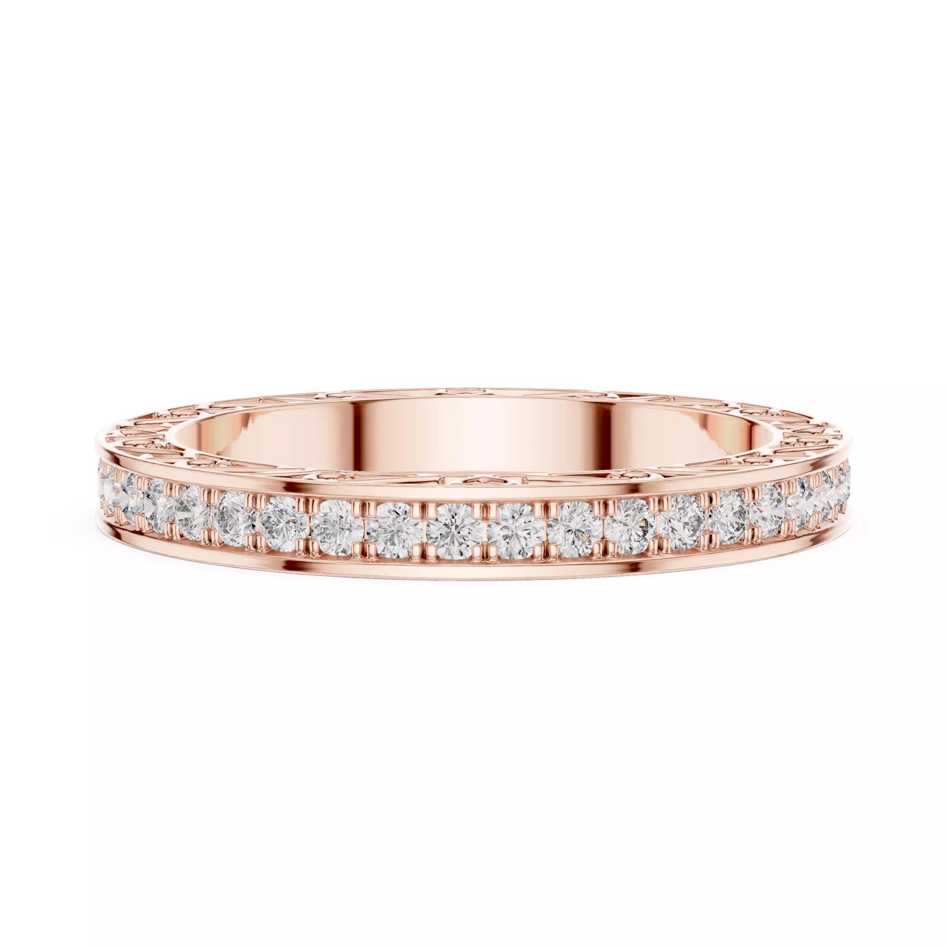 Rose gold lab-grown diamond eternity band ring with heart filigree pattern and pavé set VVS to VS+ D–F diamonds along the top #ROSE GOLD