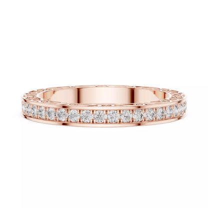 Rose gold lab-grown diamond eternity band ring with heart filigree pattern and pavé set VVS to VS+ D–F diamonds along the top #ROSE GOLD