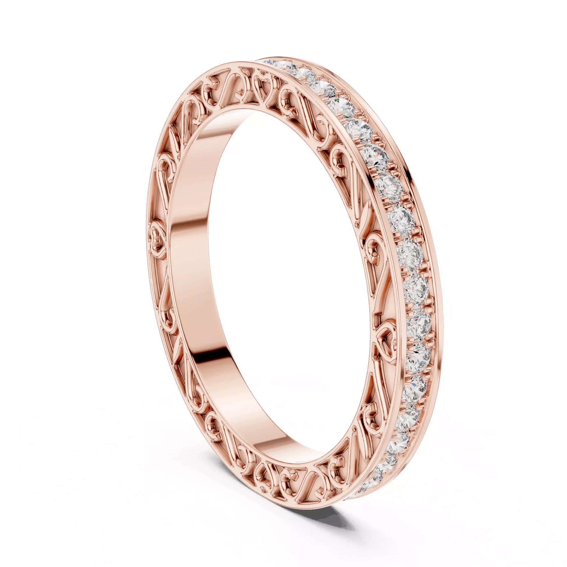 Rose gold lab-grown diamond eternity band ring with heart filigree pattern and pavé set VVS to VS+ D–F diamonds along the top #ROSE GOLD