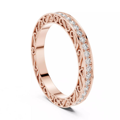 Rose gold lab-grown diamond eternity band ring with heart filigree pattern and pavé set VVS to VS+ D–F diamonds along the top #ROSE GOLD
