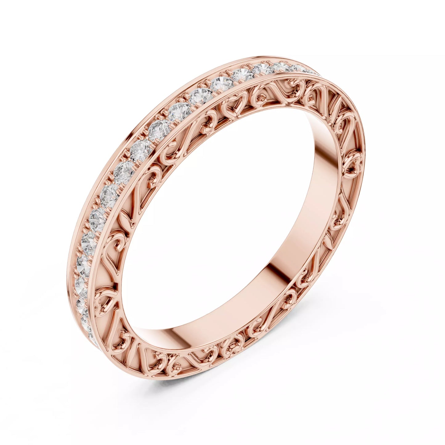Rose gold lab-grown diamond eternity band ring with heart filigree pattern and pavé set VVS to VS+ D–F diamonds along the top #ROSE GOLD