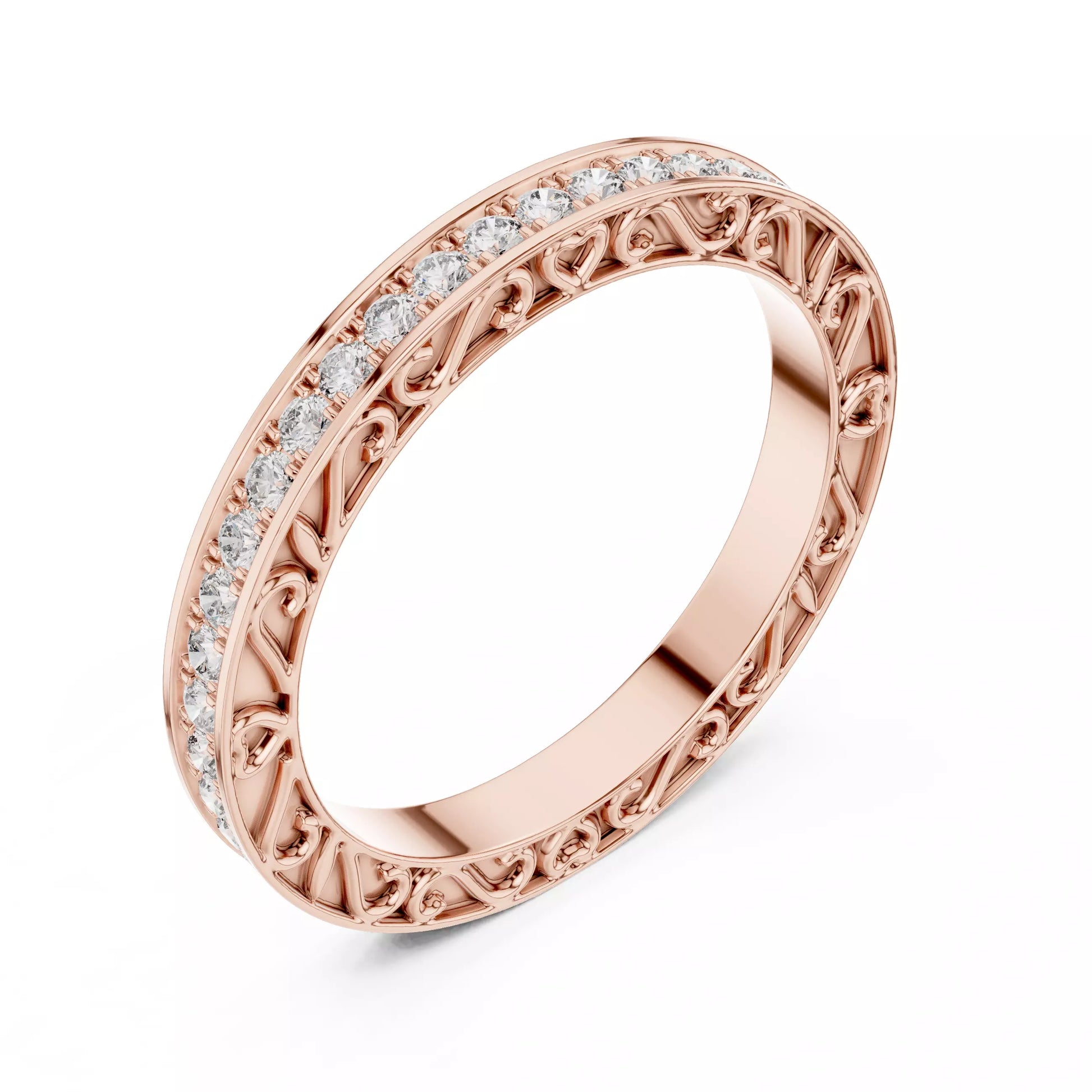 Rose gold lab-grown diamond eternity band ring with heart filigree pattern and pavé set VVS to VS+ D–F diamonds along the top #ROSE GOLD