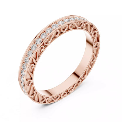 Rose gold lab-grown diamond eternity band ring with heart filigree pattern and pavé set VVS to VS+ D–F diamonds along the top #ROSE GOLD