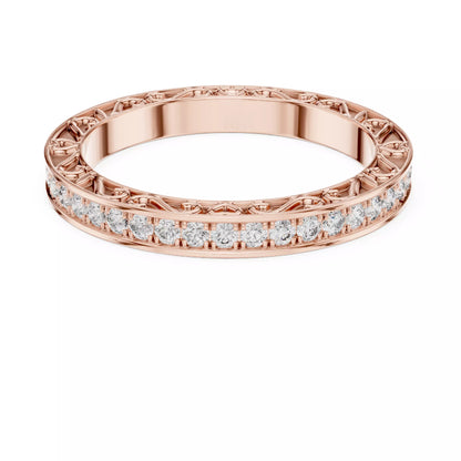 Rose gold lab-grown diamond eternity band ring with heart filigree pattern and pavé set VVS to VS+ D–F diamonds along the top #ROSE GOLD