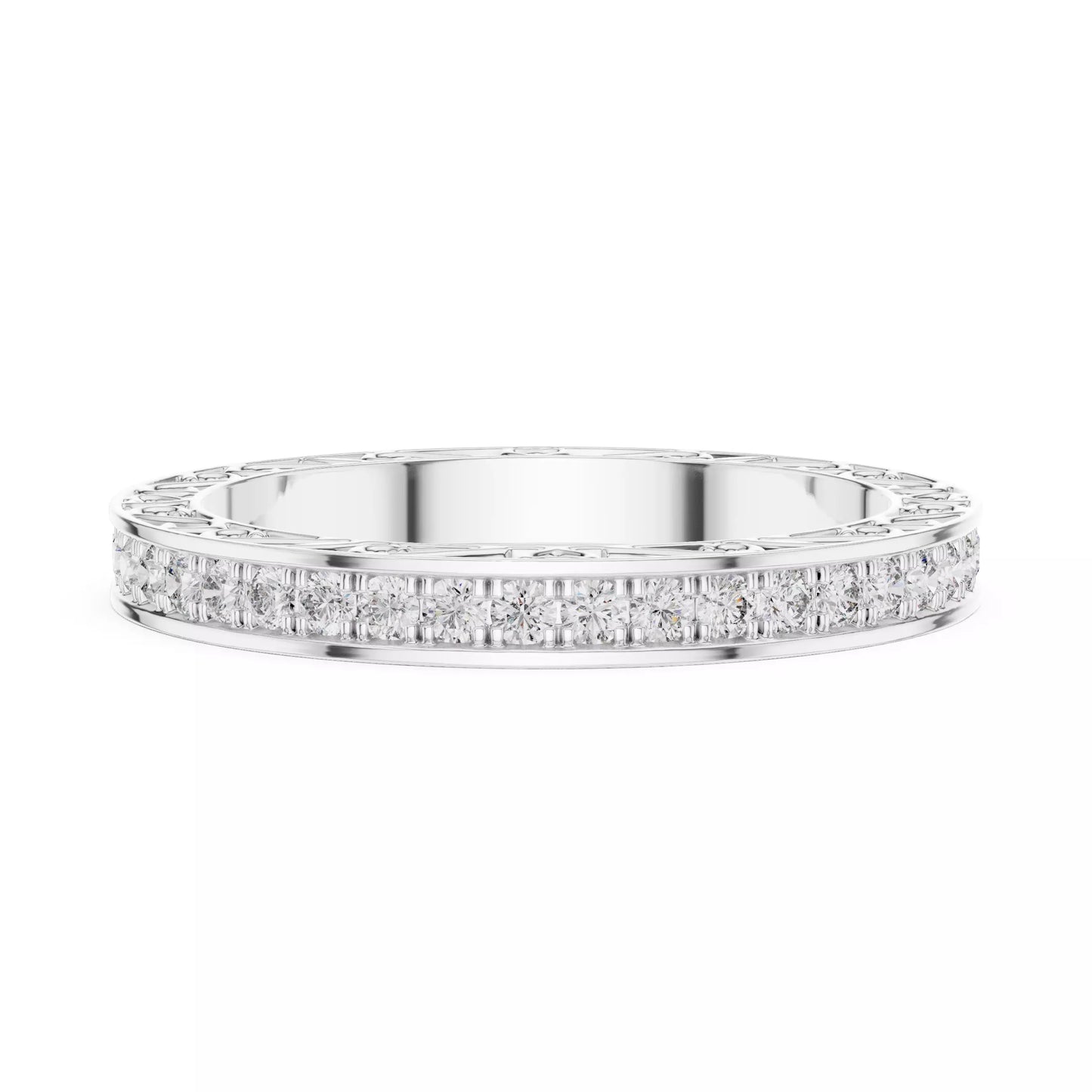 White gold lab-grown diamond eternity band ring featuring heart scroll filigree and pavé set VVS to VS+ D–F diamonds #WHITE GOLD