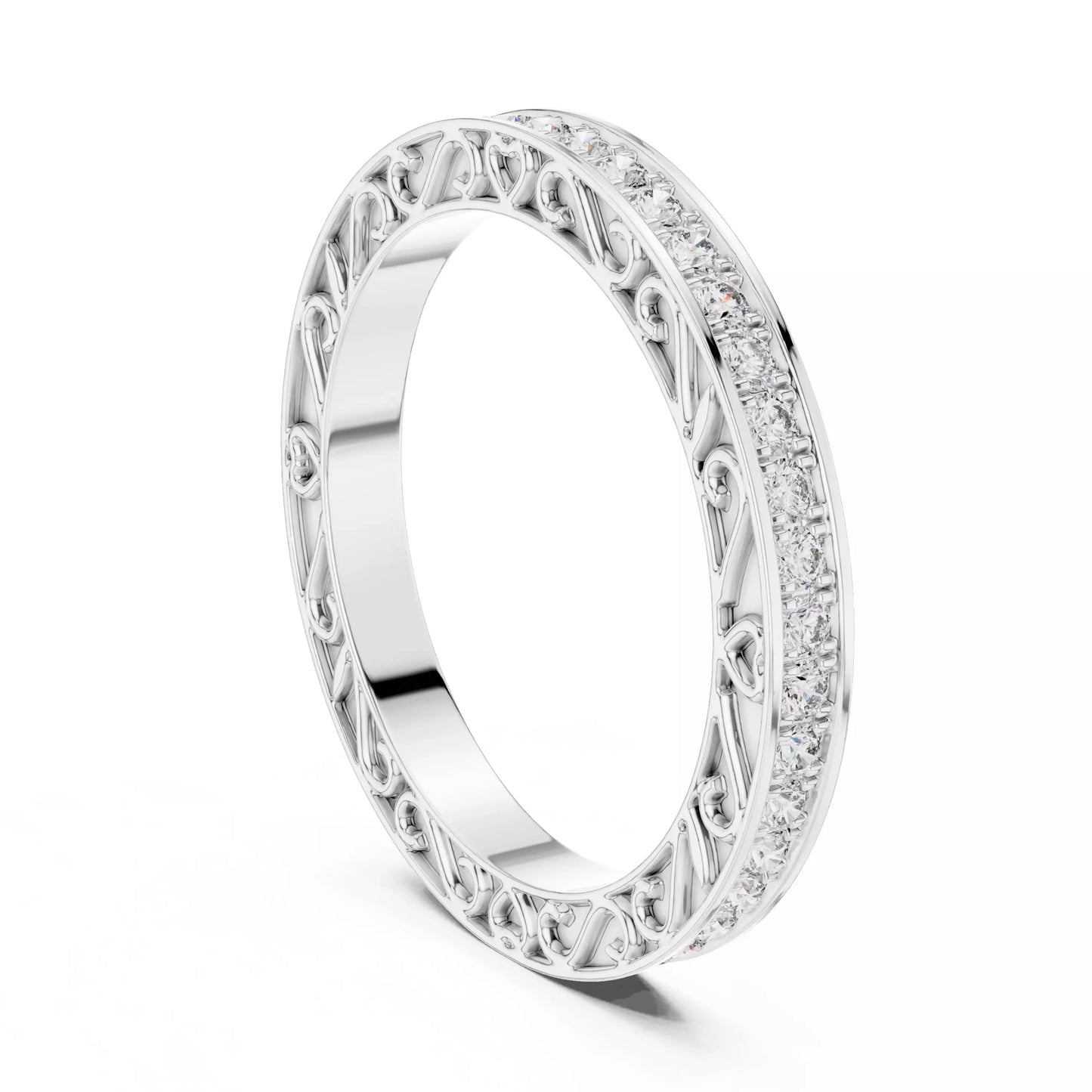 White gold lab-grown diamond eternity band ring featuring heart scroll filigree and pavé set VVS to VS+ D–F diamonds #WHITE GOLD