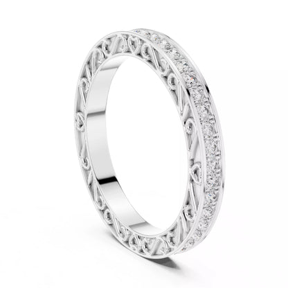 White gold lab-grown diamond eternity band ring featuring heart scroll filigree and pavé set VVS to VS+ D–F diamonds #WHITE GOLD