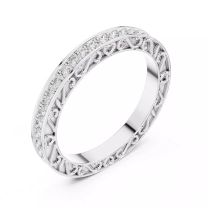 White gold lab-grown diamond eternity band ring featuring heart scroll filigree and pavé set VVS to VS+ D–F diamonds #WHITE GOLD