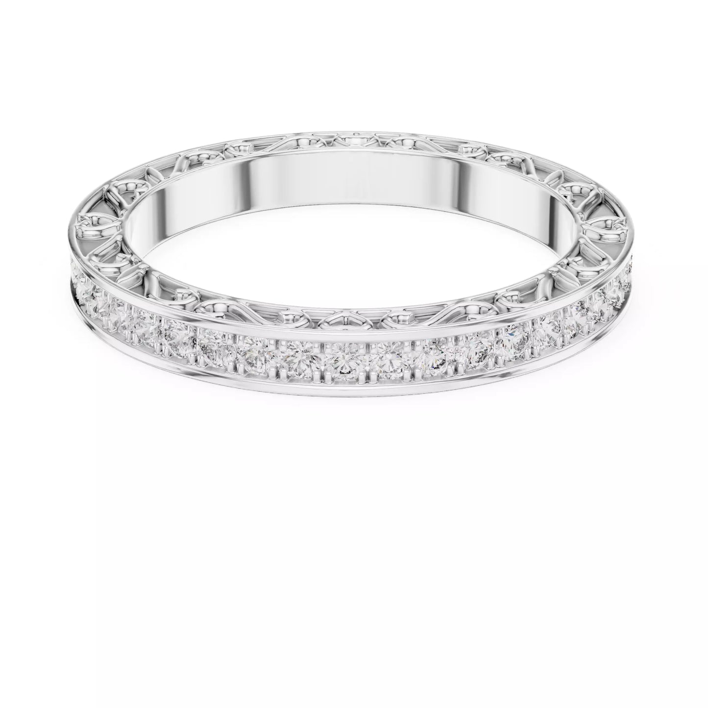 White gold lab-grown diamond eternity band ring featuring heart scroll filigree and pavé set VVS to VS+ D–F diamonds #WHITE GOLD