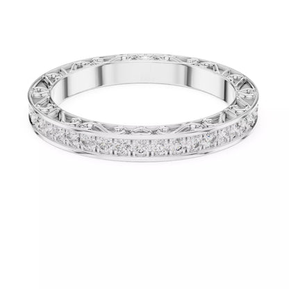 White gold lab-grown diamond eternity band ring featuring heart scroll filigree and pavé set VVS to VS+ D–F diamonds #WHITE GOLD