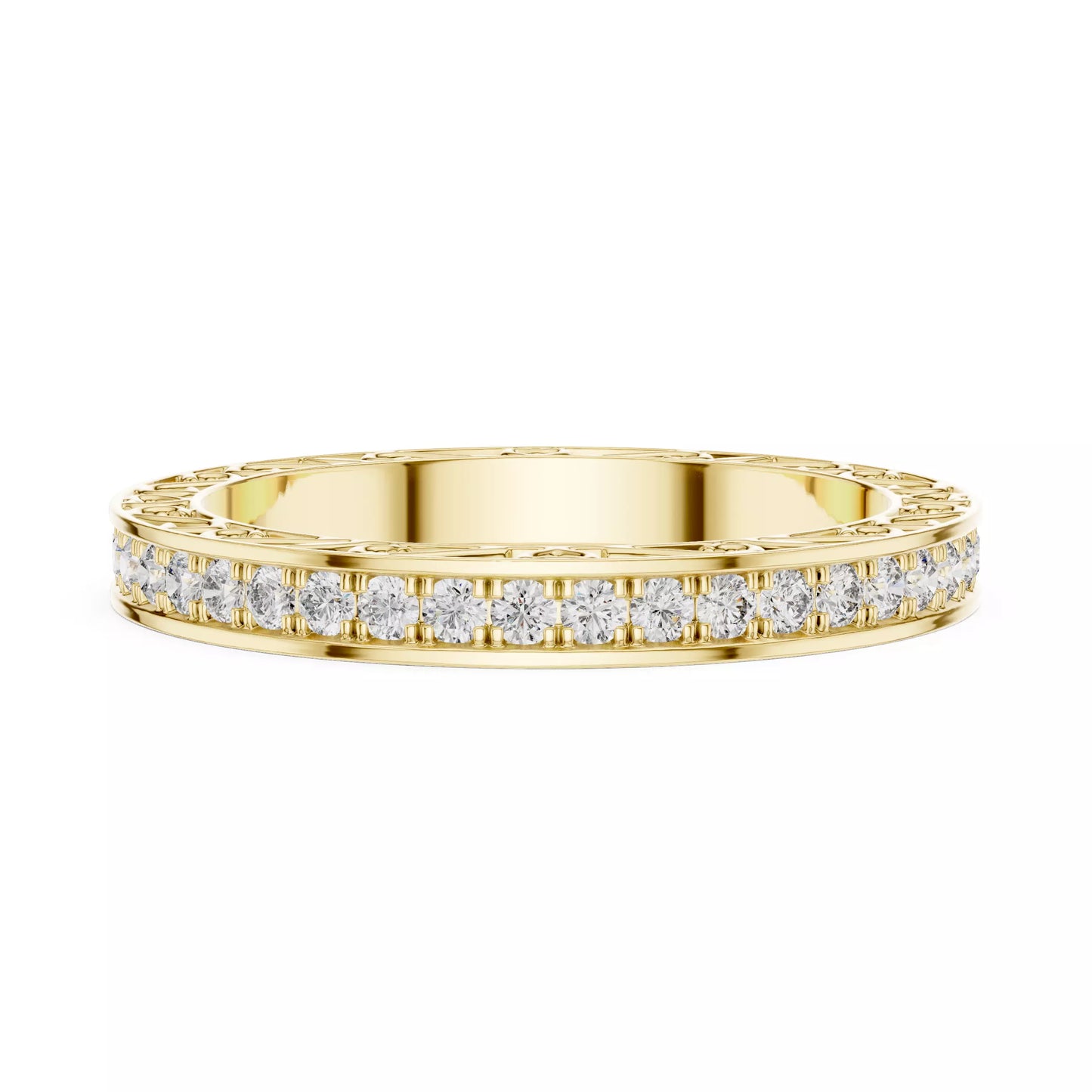 Yellow gold lab-grown diamond eternity band ring with intricate heart filigree and pavé set VVS to VS+ D–F diamonds #YELLOW GOLD