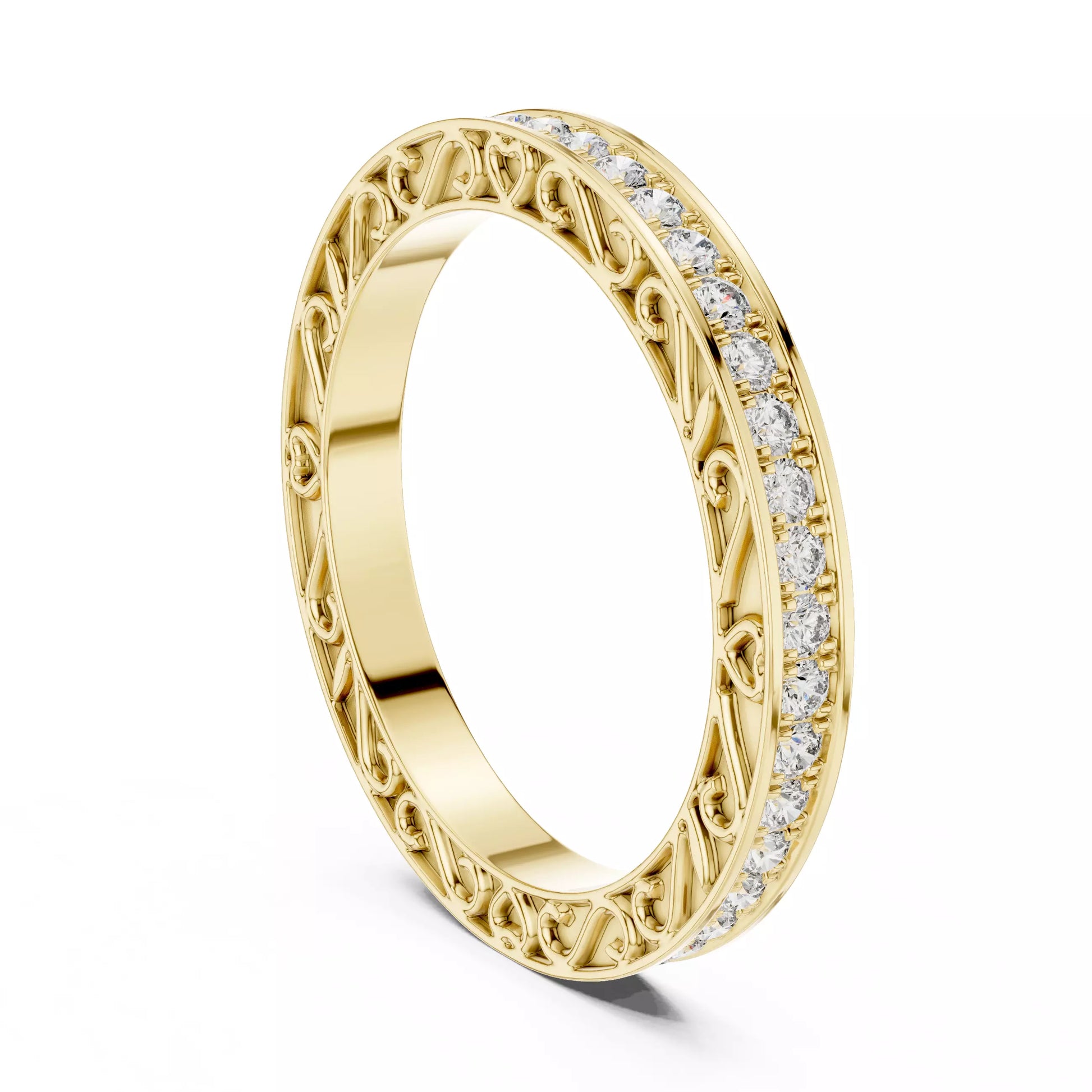 Yellow gold lab-grown diamond eternity band ring with intricate heart filigree and pavé set VVS to VS+ D–F diamonds #YELLOW GOLD