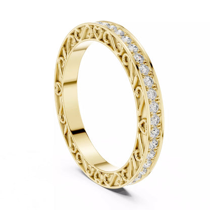 Yellow gold lab-grown diamond eternity band ring with intricate heart filigree and pavé set VVS to VS+ D–F diamonds #YELLOW GOLD
