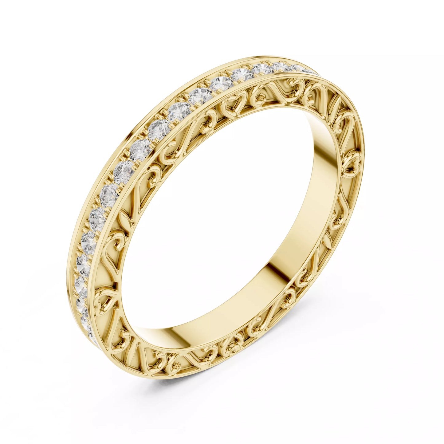 Yellow gold lab-grown diamond eternity band ring with intricate heart filigree and pavé set VVS to VS+ D–F diamonds #YELLOW GOLD
