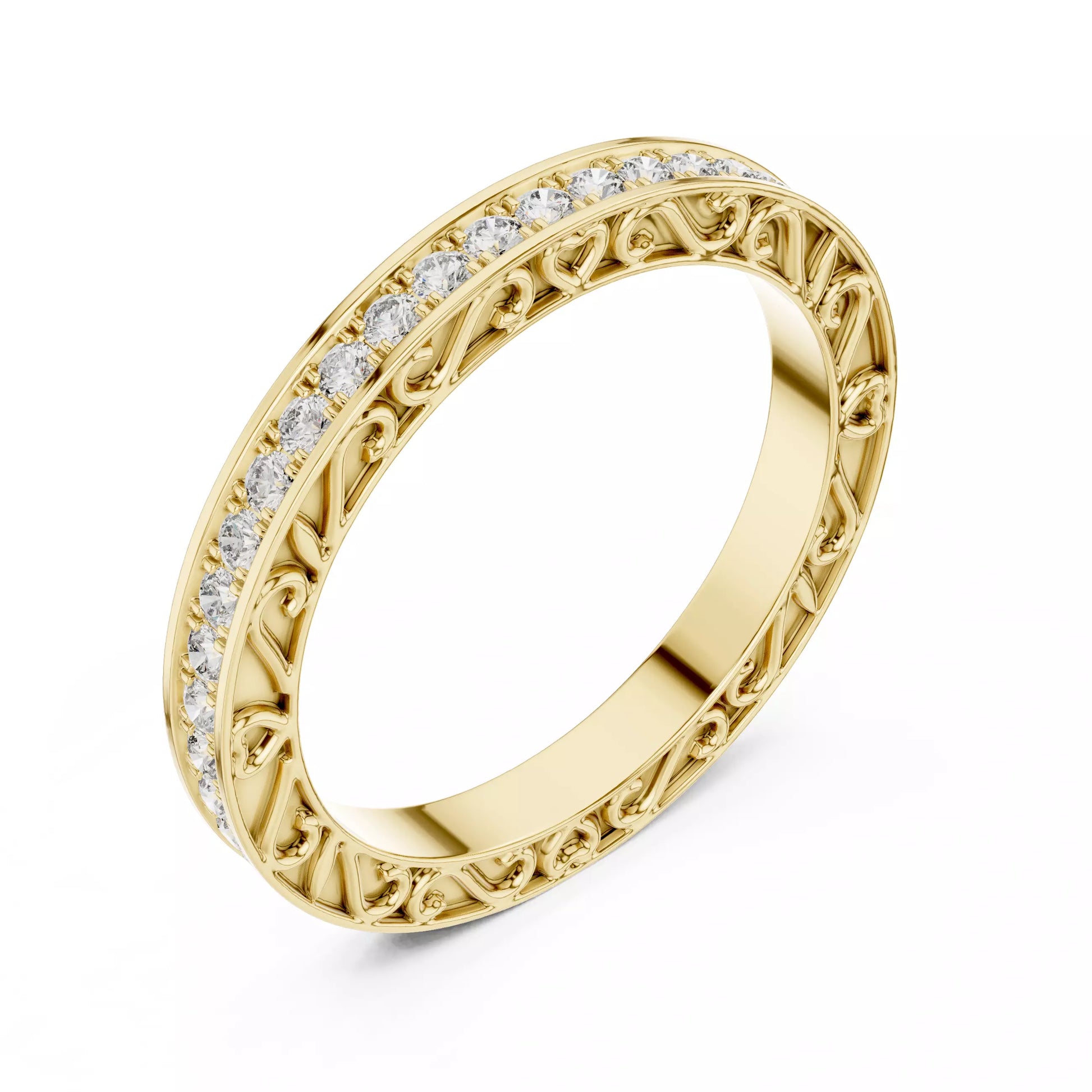 Yellow gold lab-grown diamond eternity band ring with intricate heart filigree and pavé set VVS to VS+ D–F diamonds #YELLOW GOLD