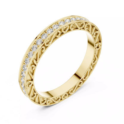 Yellow gold lab-grown diamond eternity band ring with intricate heart filigree and pavé set VVS to VS+ D–F diamonds #YELLOW GOLD
