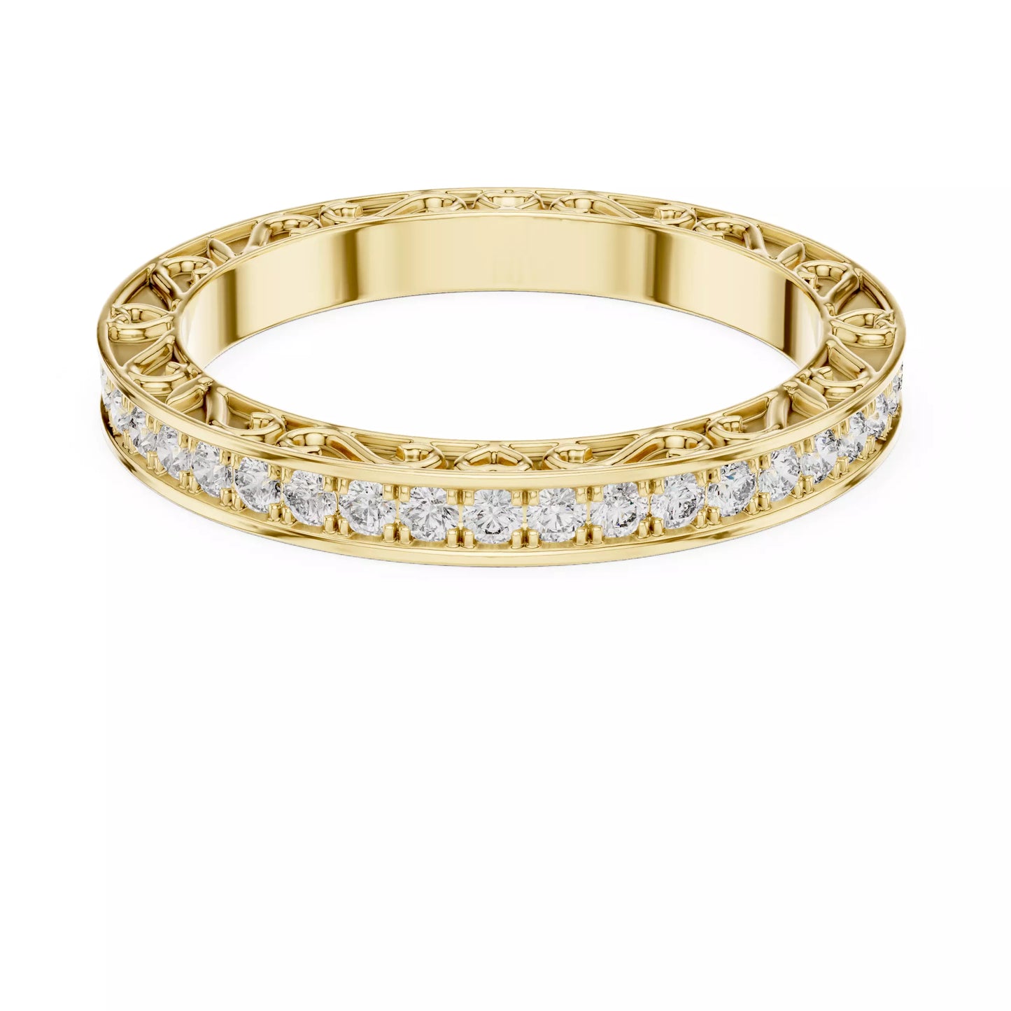 Yellow gold lab-grown diamond eternity band ring with intricate heart filigree and pavé set VVS to VS+ D–F diamonds #YELLOW GOLD