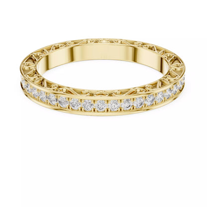 Yellow gold lab-grown diamond eternity band ring with intricate heart filigree and pavé set VVS to VS+ D–F diamonds #YELLOW GOLD