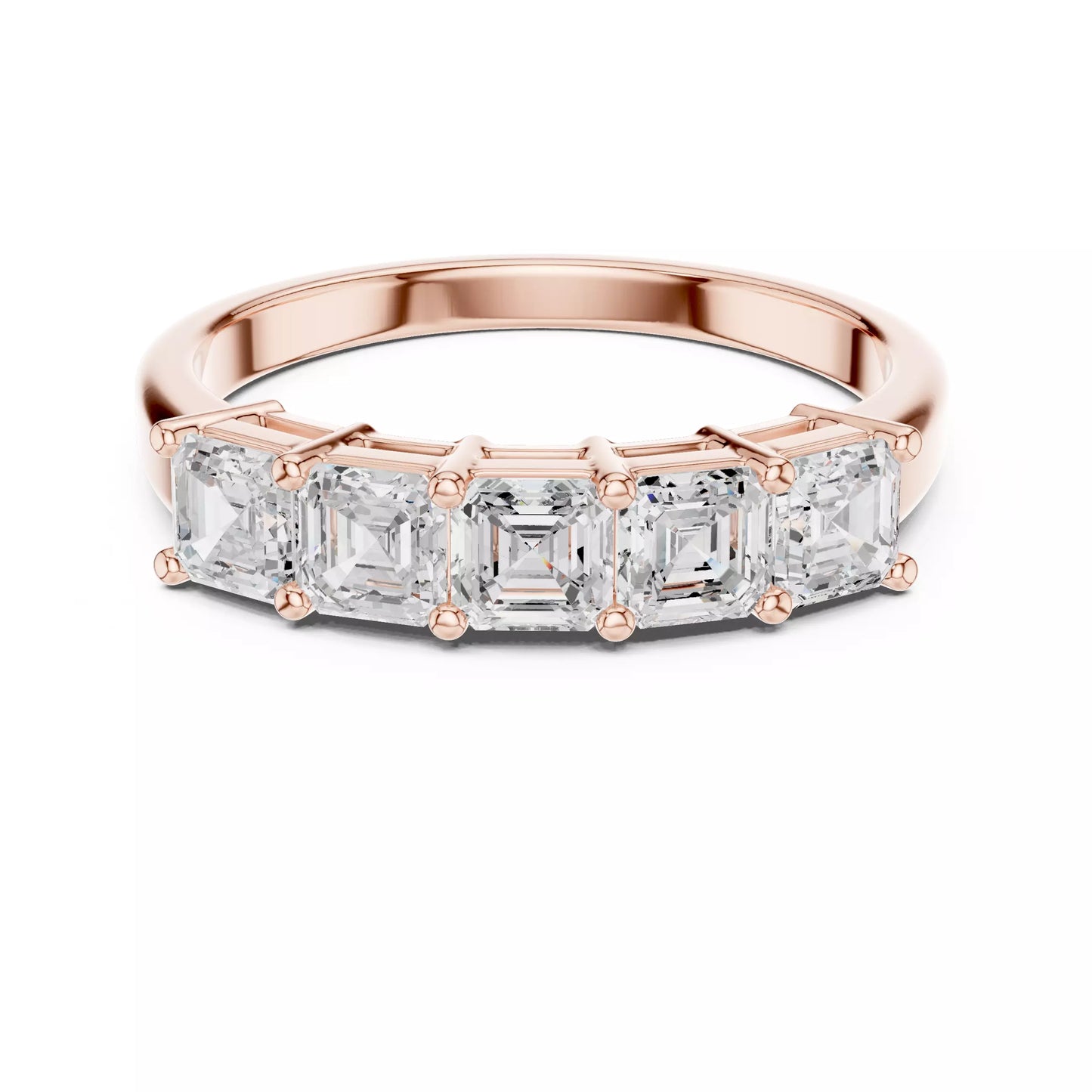 Modern collet lab-grown diamond ring in bright Rose Gold with five horizontal Asscher-cut VVS to VS+ D–F diamonds for a contemporary bridal band. #ROSE GOLD