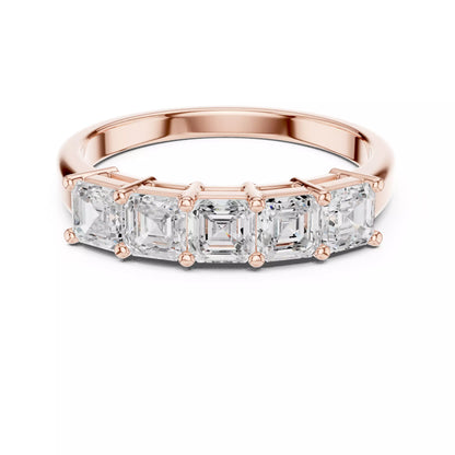 Modern collet lab-grown diamond ring in bright Rose Gold with five horizontal Asscher-cut VVS to VS+ D–F diamonds for a contemporary bridal band. #ROSE GOLD