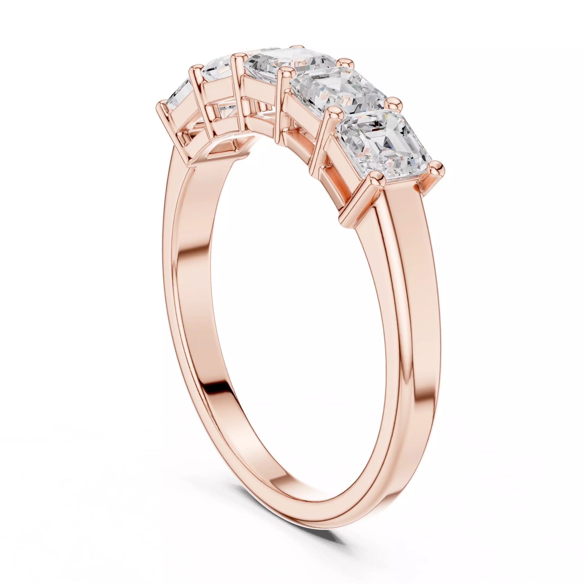 Modern collet lab-grown diamond ring in bright Rose Gold with five horizontal Asscher-cut VVS to VS+ D–F diamonds for a contemporary bridal band. #ROSE GOLD