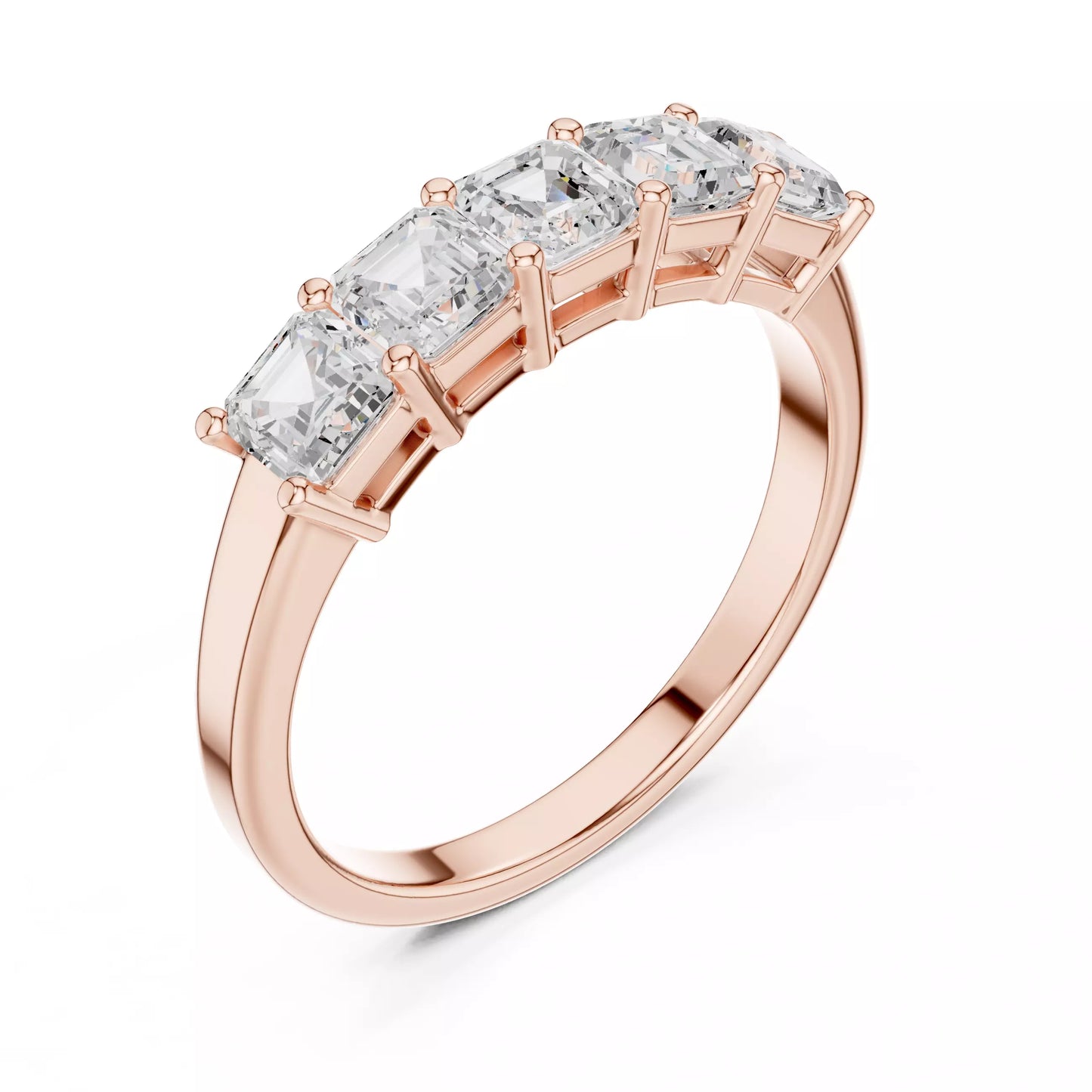 Modern collet lab-grown diamond ring in bright Rose Gold with five horizontal Asscher-cut VVS to VS+ D–F diamonds for a contemporary bridal band. #ROSE GOLD