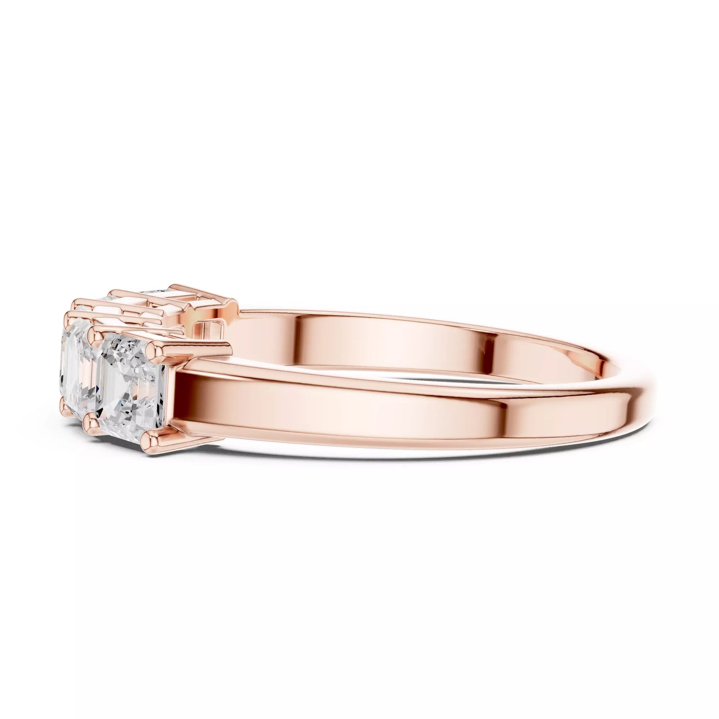 Modern collet lab-grown diamond ring in bright Rose Gold with five horizontal Asscher-cut VVS to VS+ D–F diamonds for a contemporary bridal band. #ROSE GOLD