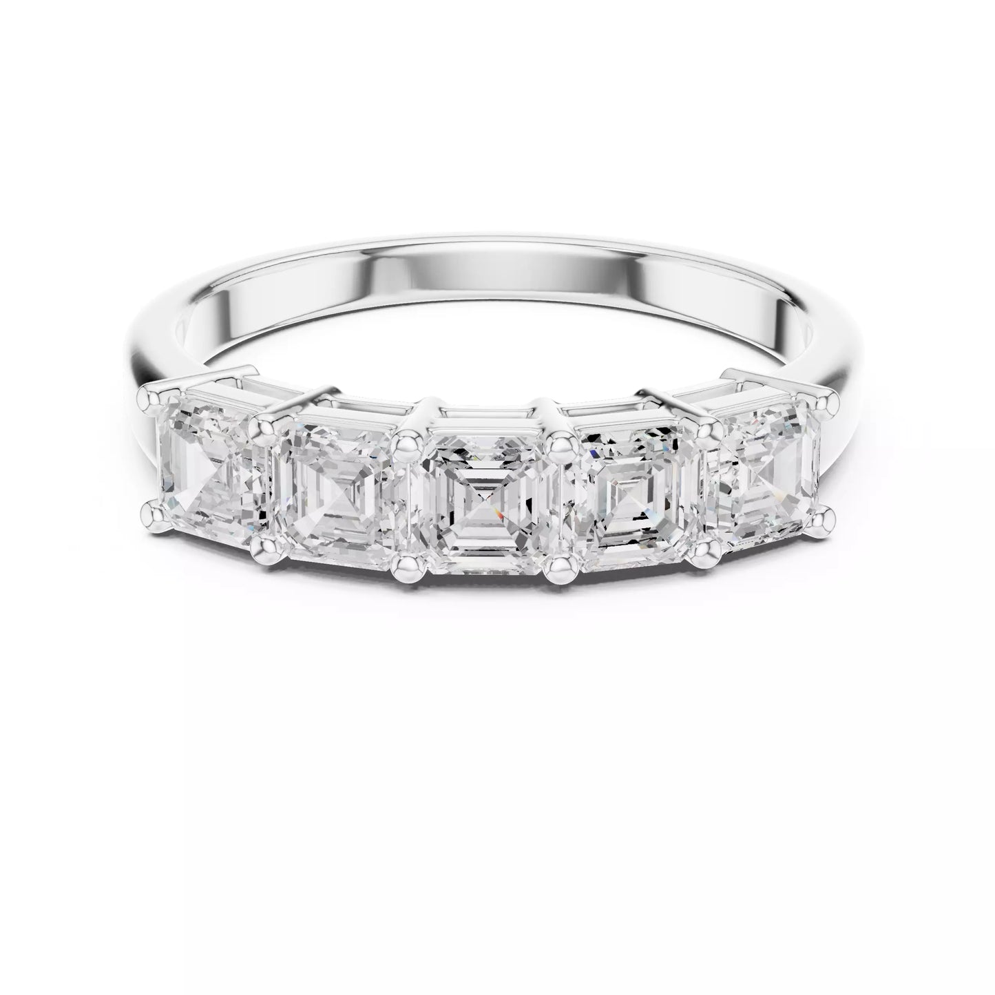East-west lab-grown diamond engagement ring in White Gold showing the elegant collet setting and VVS to VS+ D–F Asscher-cut diamonds. #WHITE GOLD