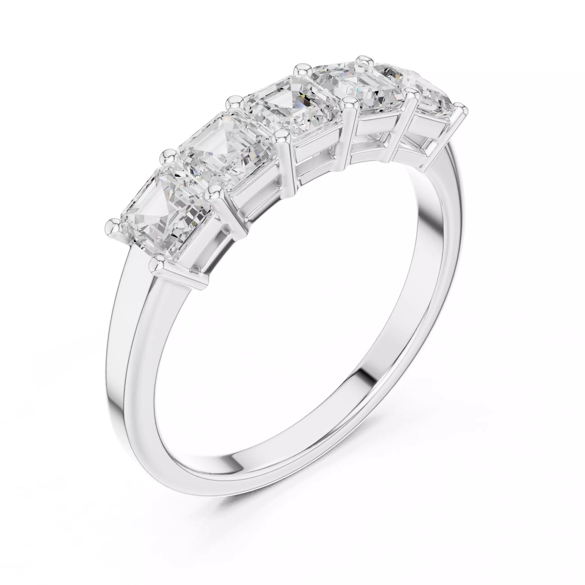 East-west lab-grown diamond engagement ring in White Gold showing the elegant collet setting and VVS to VS+ D–F Asscher-cut diamonds. #WHITE GOLD