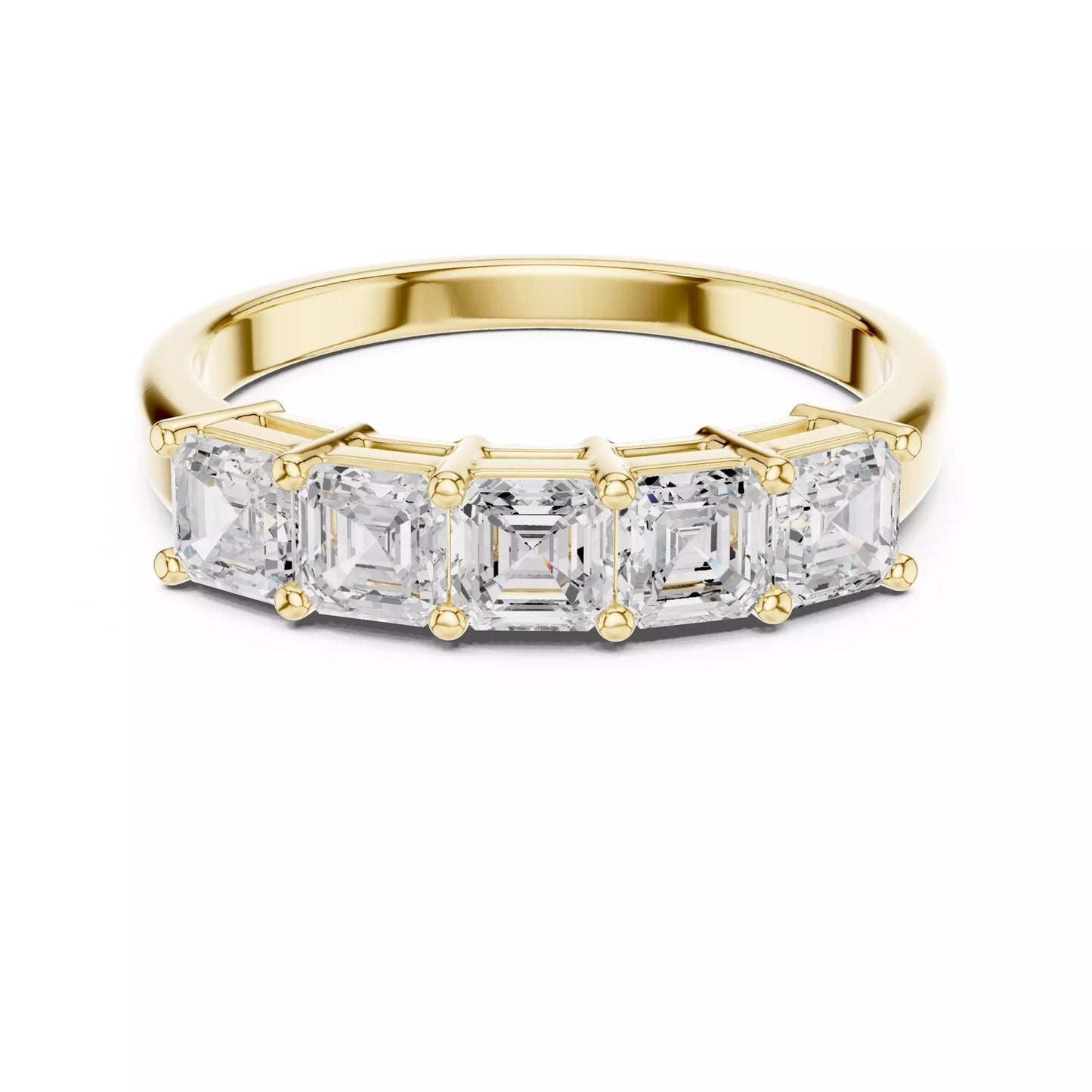 East-west collet lab-grown diamond ring in classic Yellow Gold with five Asscher-cut VVS to VS+ D–F diamonds, ideal for stacking with a diamond engagement ring. #YELLOW GOLD