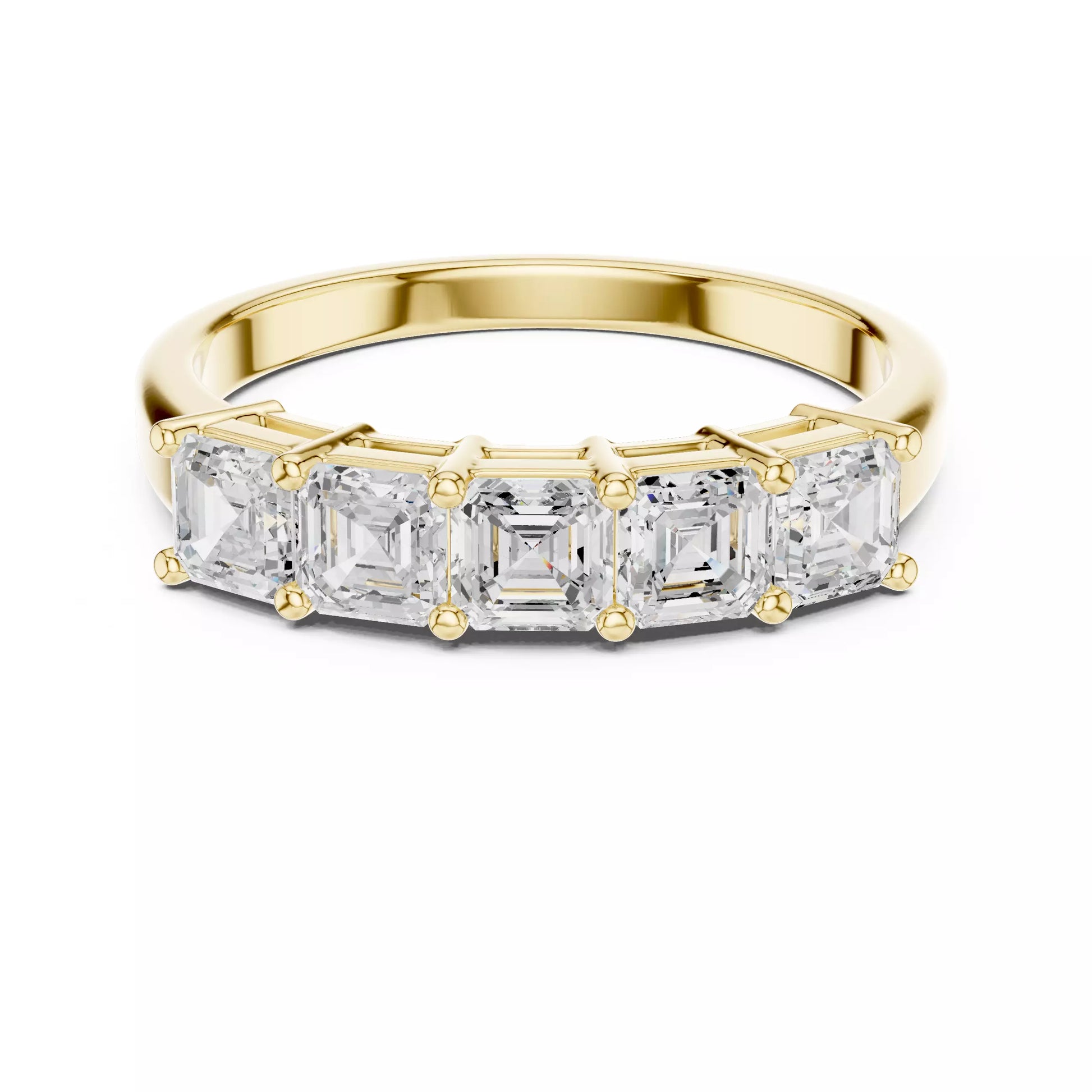East-west collet lab-grown diamond ring in classic Yellow Gold with five Asscher-cut VVS to VS+ D–F diamonds, ideal for stacking with a diamond engagement ring. #YELLOW GOLD