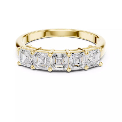 East-west collet lab-grown diamond ring in classic Yellow Gold with five Asscher-cut VVS to VS+ D–F diamonds, ideal for stacking with a diamond engagement ring. #YELLOW GOLD