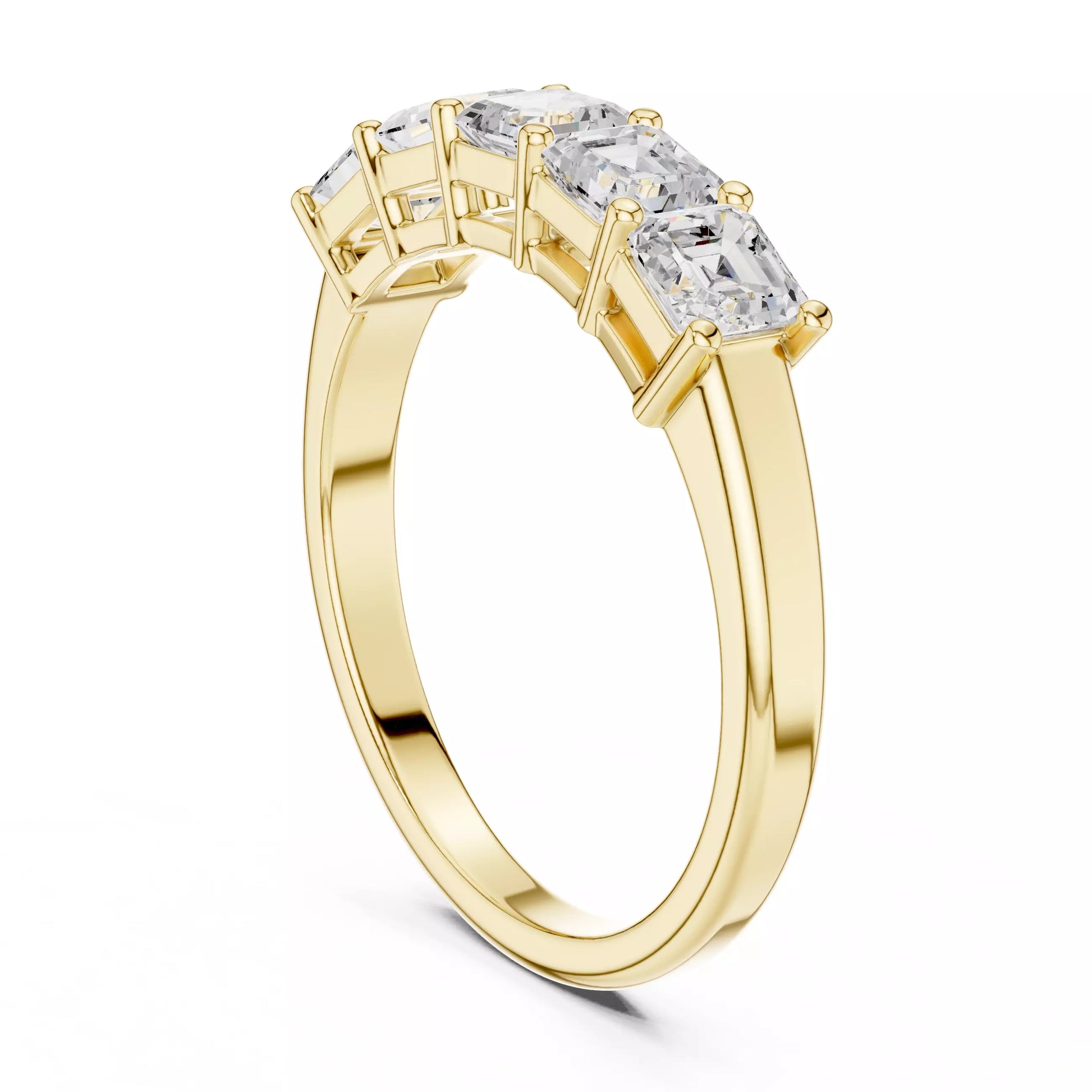 East-west collet lab-grown diamond ring in classic Yellow Gold with five Asscher-cut VVS to VS+ D–F diamonds, ideal for stacking with a diamond engagement ring. #YELLOW GOLD