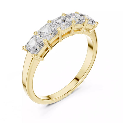 East-west collet lab-grown diamond ring in classic Yellow Gold with five Asscher-cut VVS to VS+ D–F diamonds, ideal for stacking with a diamond engagement ring. #YELLOW GOLD