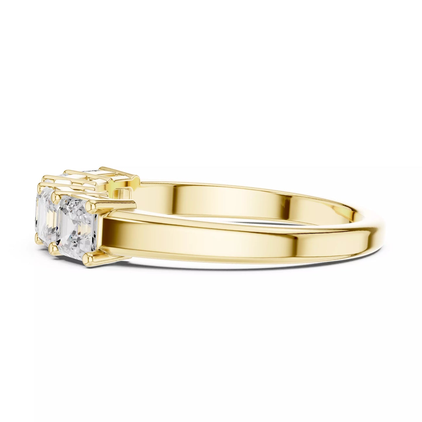 East-west collet lab-grown diamond ring in classic Yellow Gold with five Asscher-cut VVS to VS+ D–F diamonds, ideal for stacking with a diamond engagement ring. #YELLOW GOLD