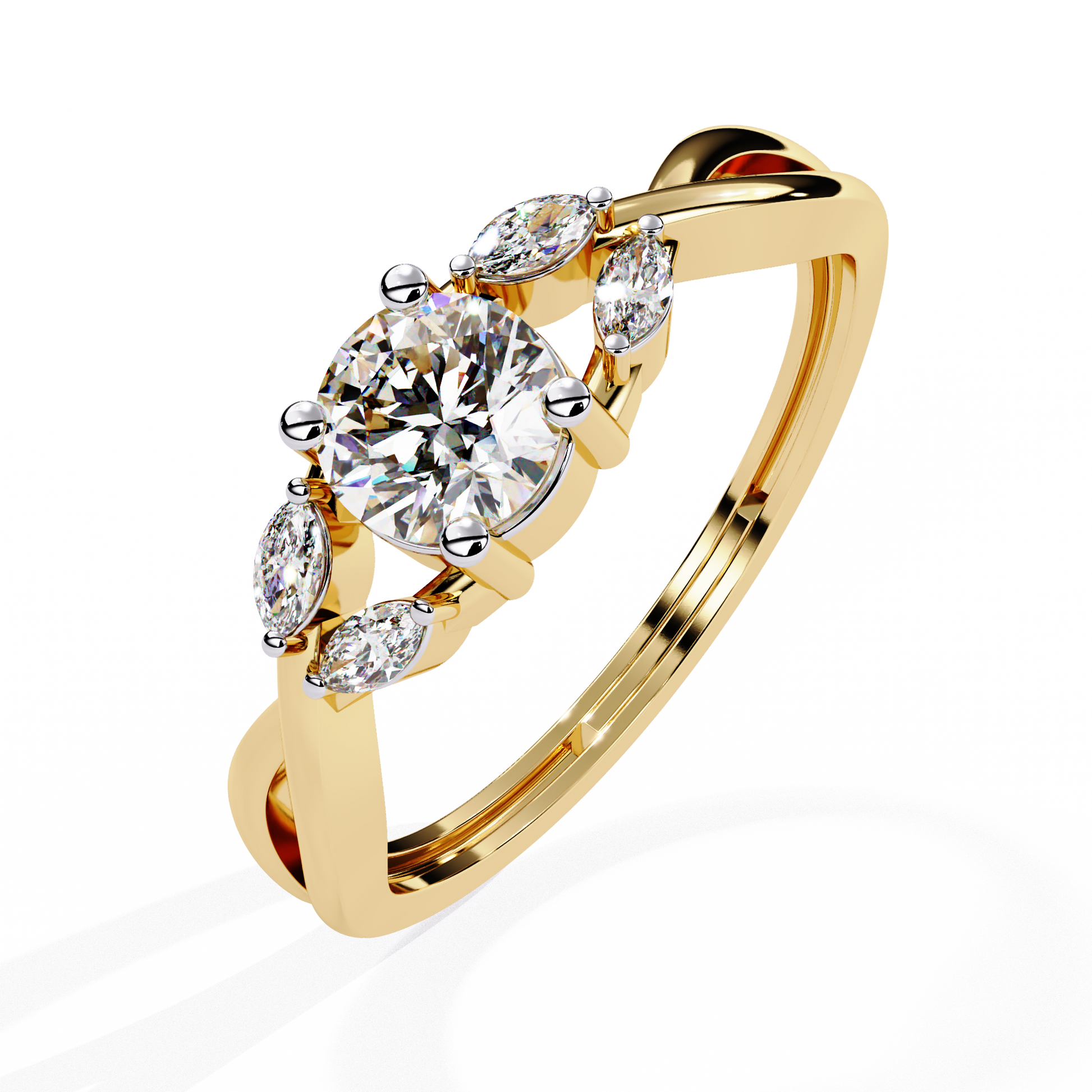 ROUND AND MARQUISE DIAMOND YELLOW GOLD SOLITAIRE RING 