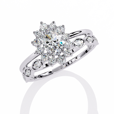 OVAL AND ROUND DIAMOND WHITE GOLD HALO RING 