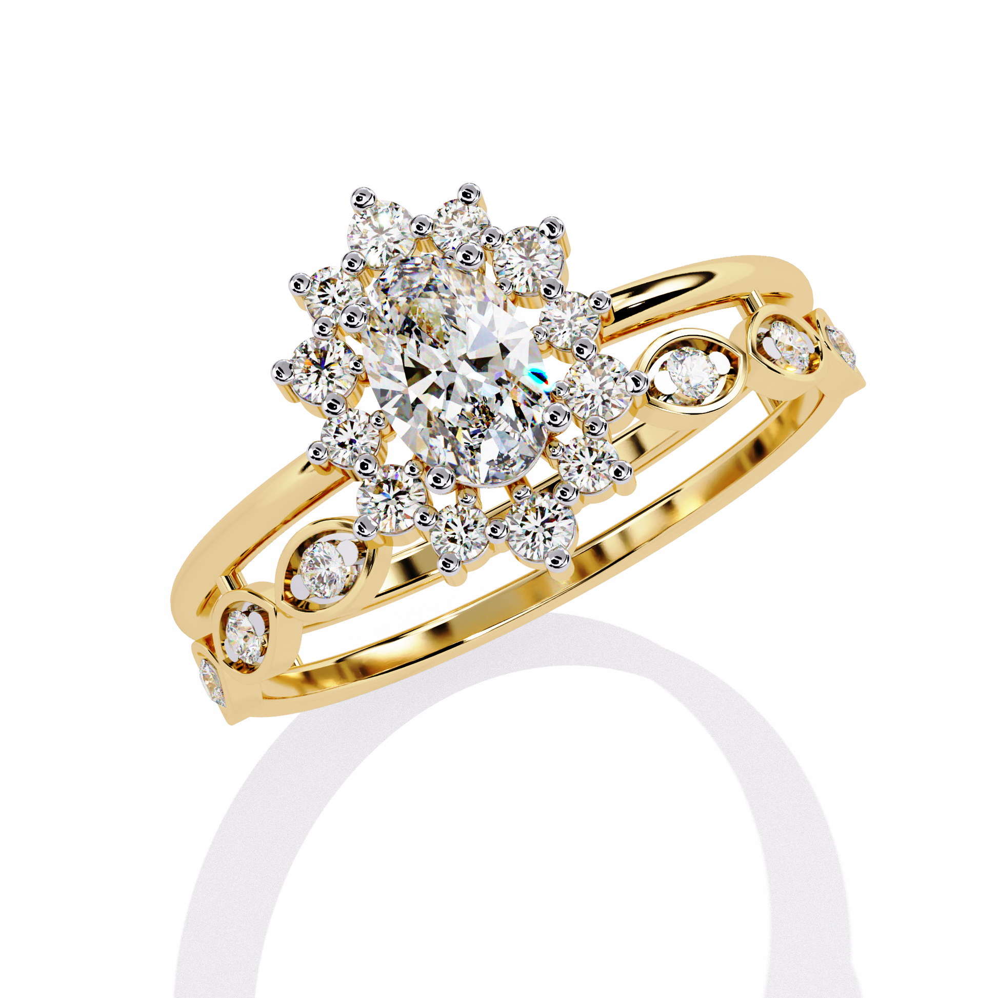 OVAL AND ROUND DIAMOND YELLOW GOLD HALO RING 