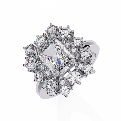RADIANT AND ROUND DIAMOND WHITE GOLD HALO RING 