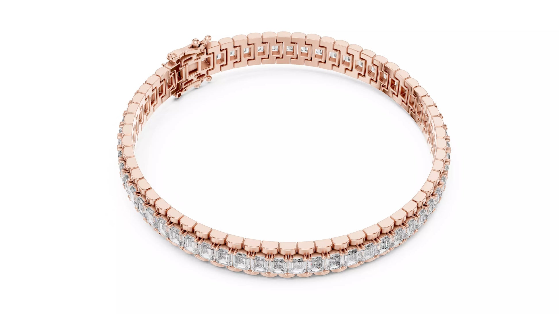 ROSE GOLD LAB-GROWN DIAMOND BRACELET SHOWING FLEXIBLE LINK INTERIOR AND CONTINUOUS EMERALD-CUT DIAMOND LINE, VVS–VS+ D–F QUALITY #ROSE GOLD