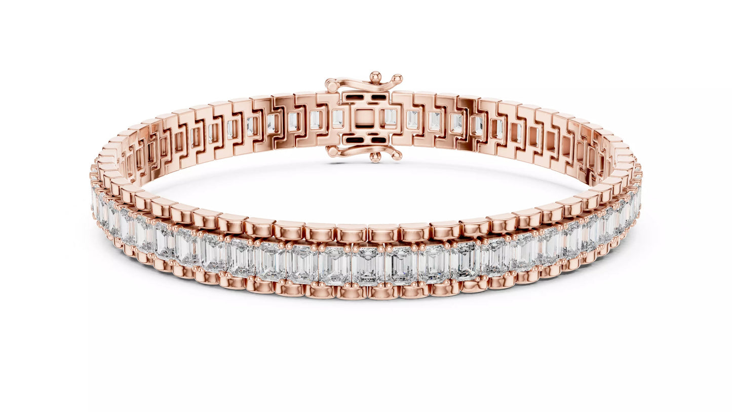 ROSE GOLD LAB-GROWN DIAMOND BRACELET SHOWING FLEXIBLE LINK INTERIOR AND CONTINUOUS EMERALD-CUT DIAMOND LINE, VVS–VS+ D–F QUALITY #ROSE GOLD
