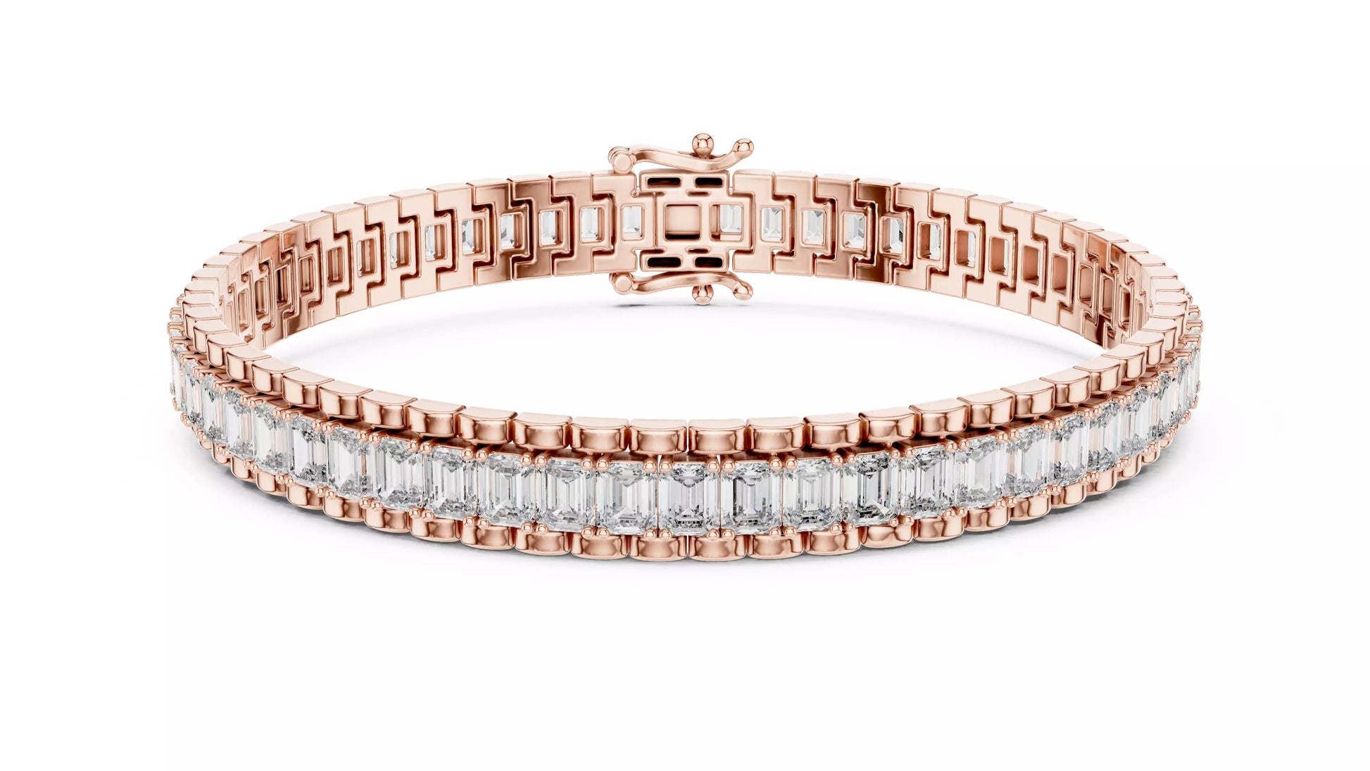 ROSE GOLD LAB-GROWN DIAMOND BRACELET SHOWING FLEXIBLE LINK INTERIOR AND CONTINUOUS EMERALD-CUT DIAMOND LINE, VVS–VS+ D–F QUALITY #ROSE GOLD