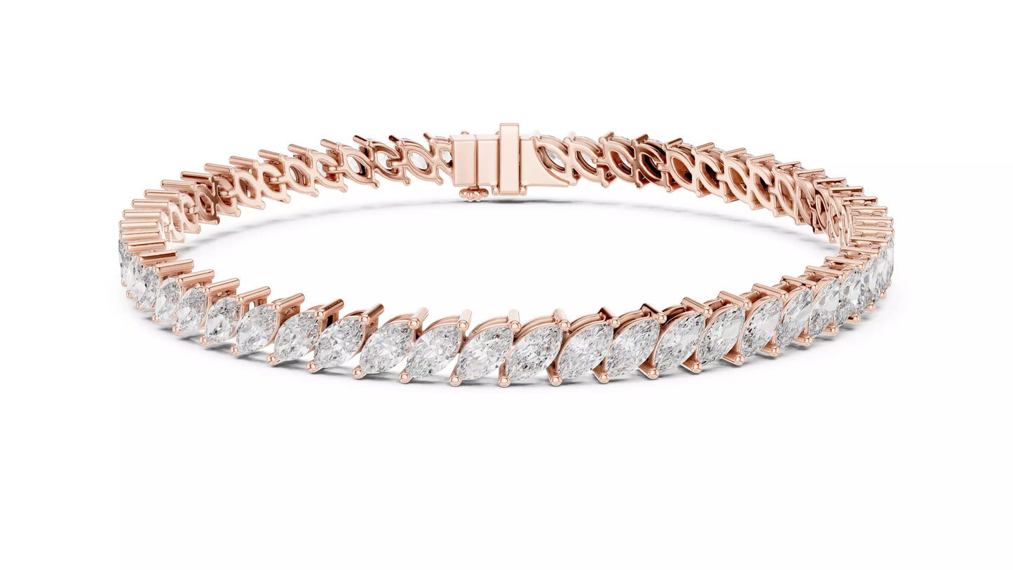 ROSE GOLD LAB-GROWN DIAMOND BRACELET SHOWING STRUCTURED LINK DESIGN AND MARQUISE TENNIS LAYOUT, VVS TO VS+ CLARITY D–F COLOR DIAMONDS #ROSE GOLD