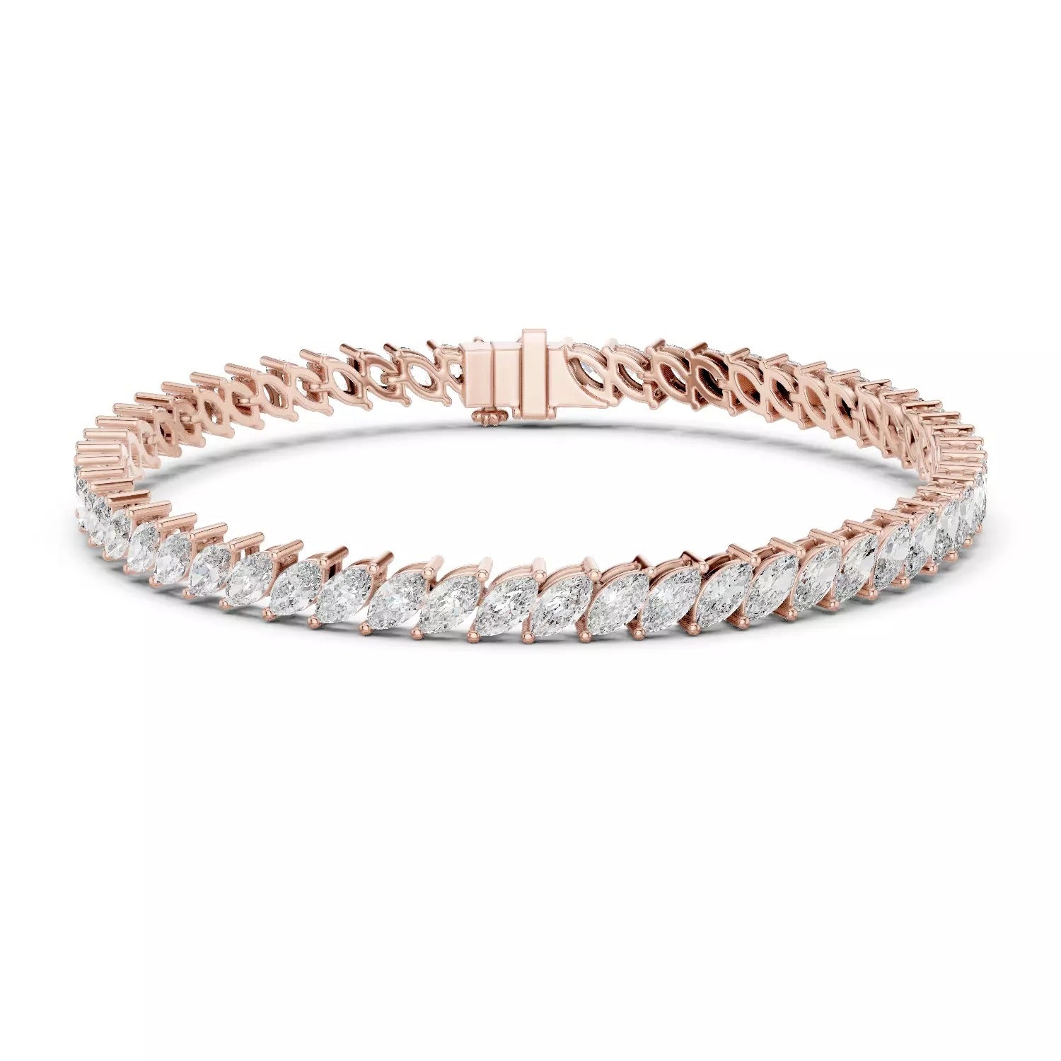 ROSE GOLD LAB-GROWN DIAMOND BRACELET SHOWING STRUCTURED LINK DESIGN AND MARQUISE TENNIS LAYOUT, VVS TO VS+ CLARITY D–F COLOR DIAMONDS #ROSE GOLD