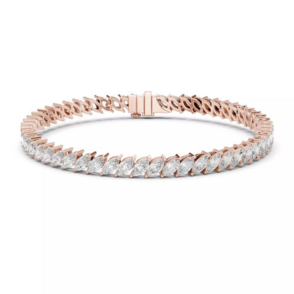 ROSE GOLD LAB-GROWN DIAMOND BRACELET SHOWING STRUCTURED LINK DESIGN AND MARQUISE TENNIS LAYOUT, VVS TO VS+ CLARITY D–F COLOR DIAMONDS #ROSE GOLD