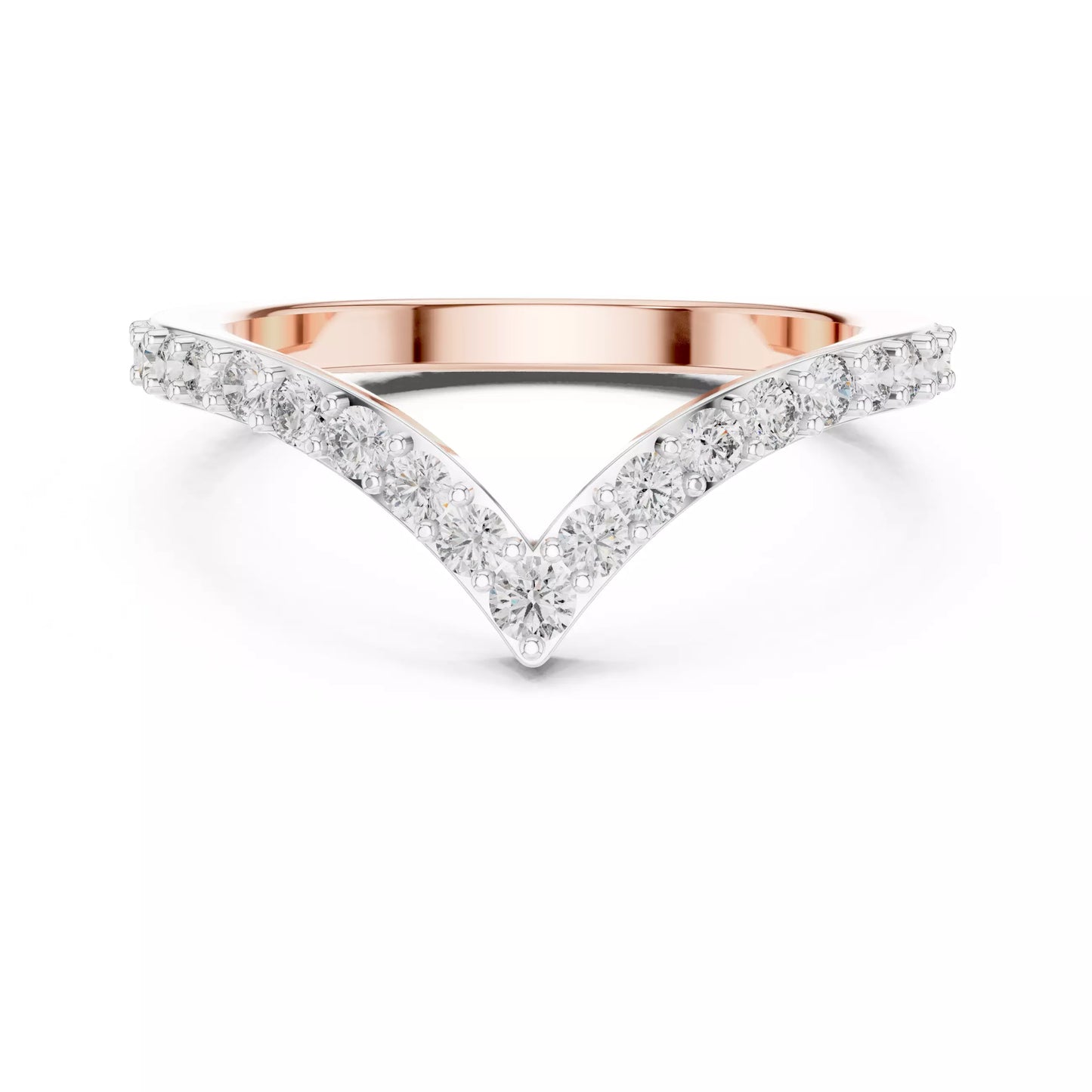Lab-grown diamond ring with curved V band design, prong-set round diamonds, VVS to VS+ clarity, D–F color, Rose Gold  finish #ROSE GOLD