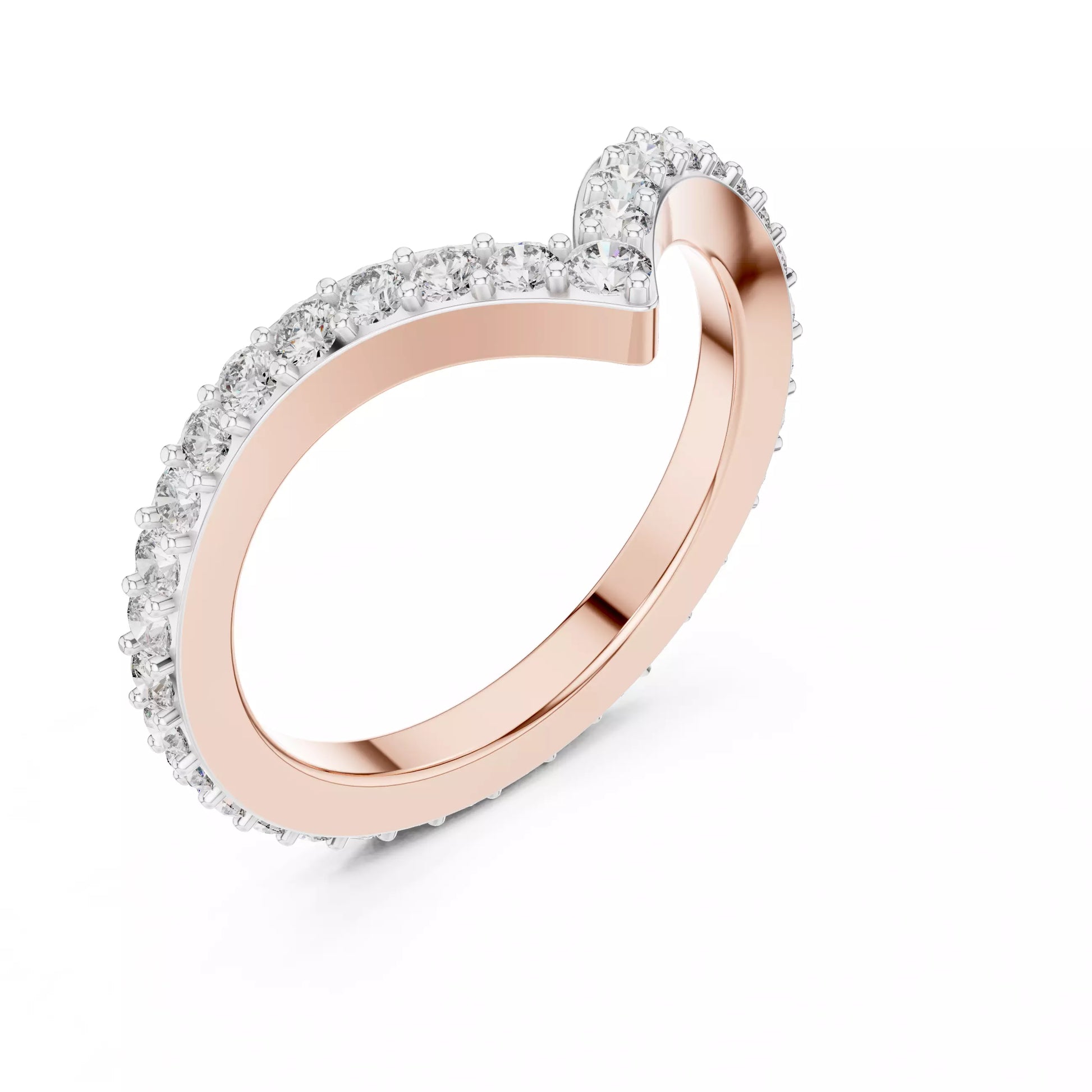 Lab-grown diamond ring with curved V band design, prong-set round diamonds, VVS to VS+ clarity, D–F color, Rose Gold  finish #ROSE GOLD