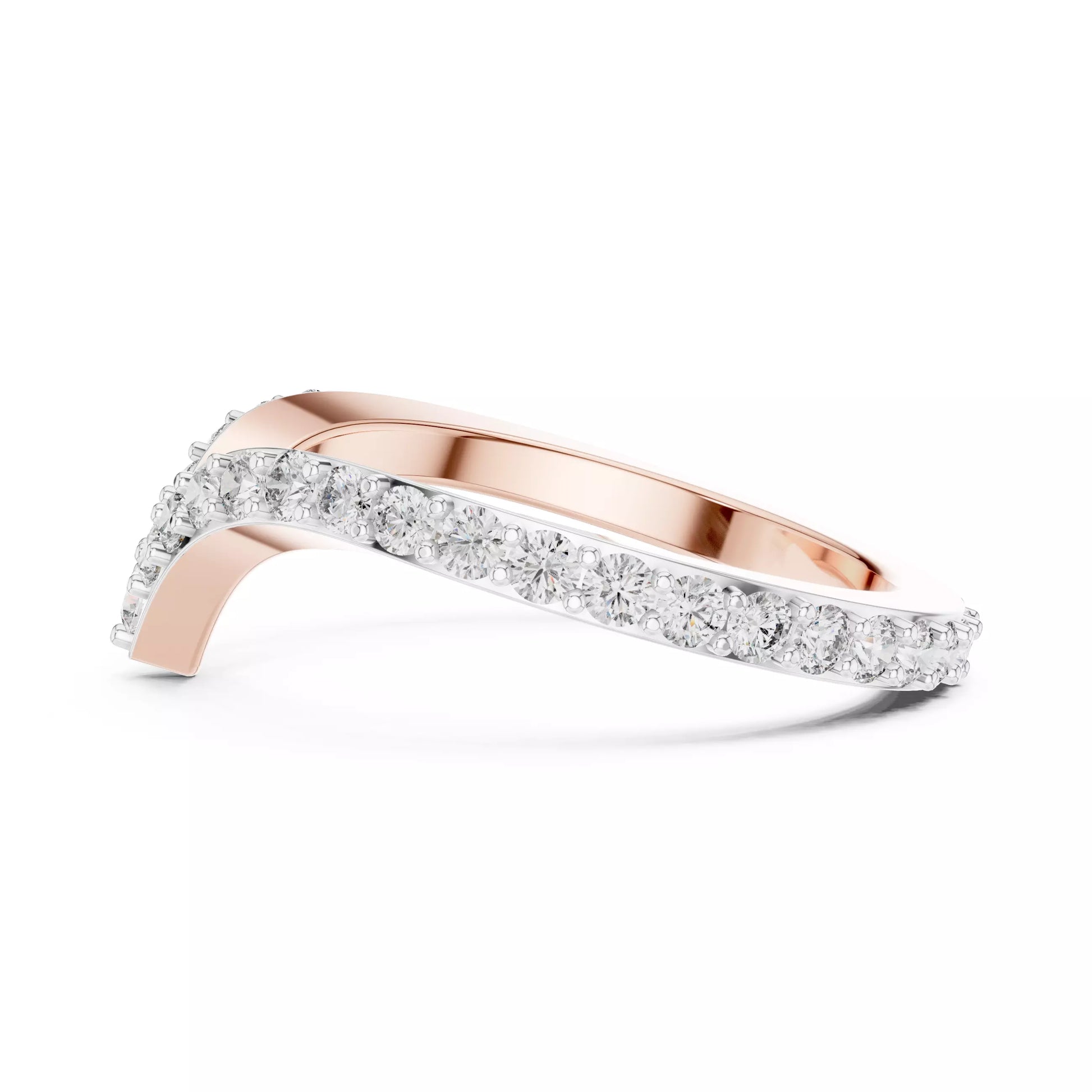 Lab-grown diamond ring with curved V band design, prong-set round diamonds, VVS to VS+ clarity, D–F color, Rose Gold  finish #ROSE GOLD